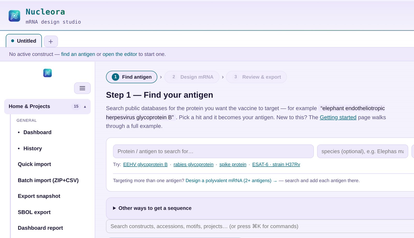 Nucleora home dashboard — the guided three-step vaccine design workflow