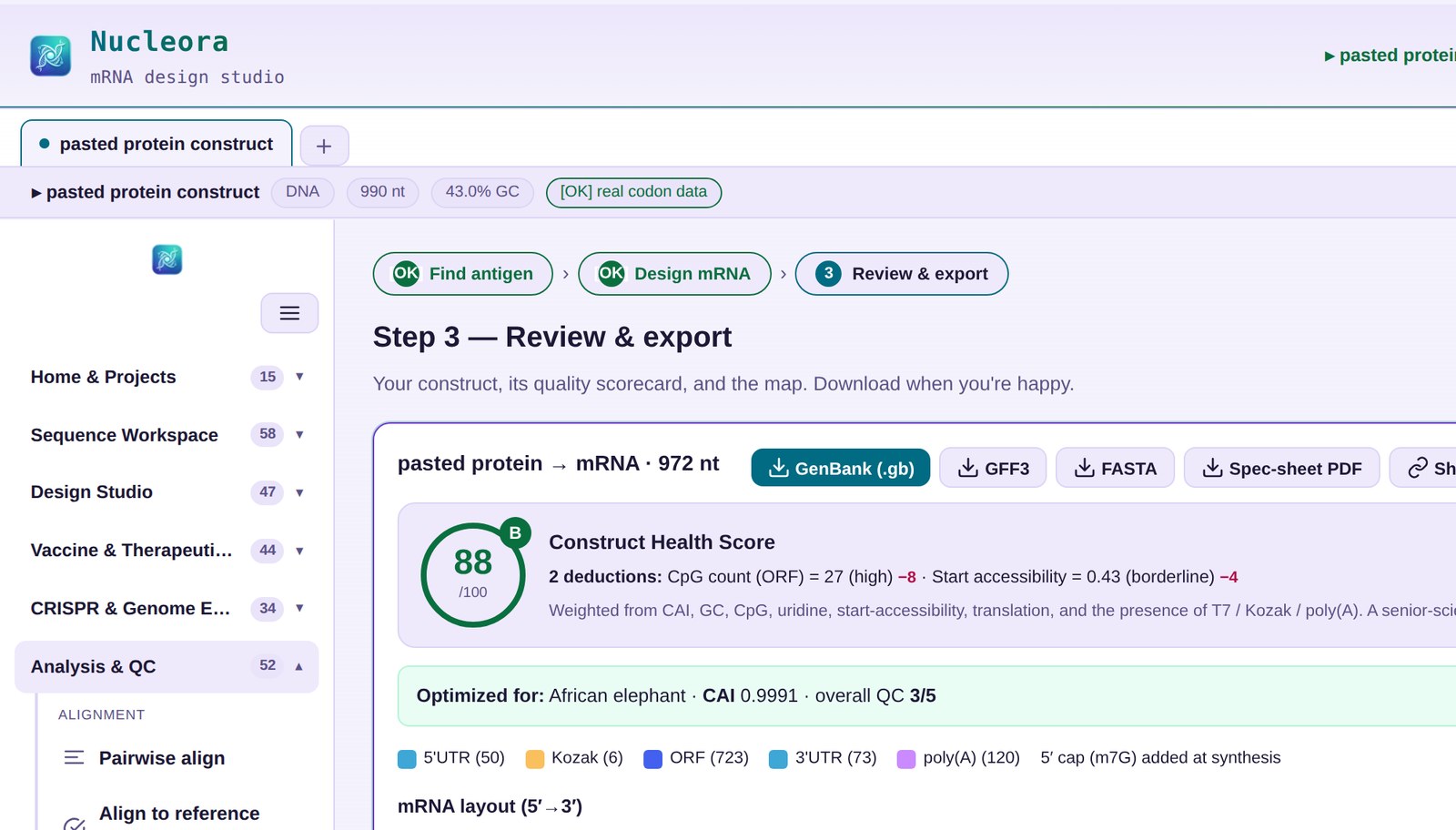 Construct Health Score and quality scorecard for a designed mRNA