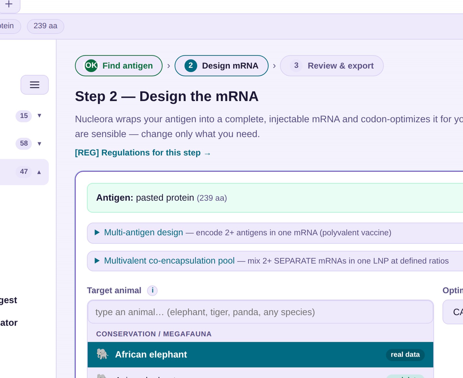 Target-species picker showing real vs proxy codon data for conservation species